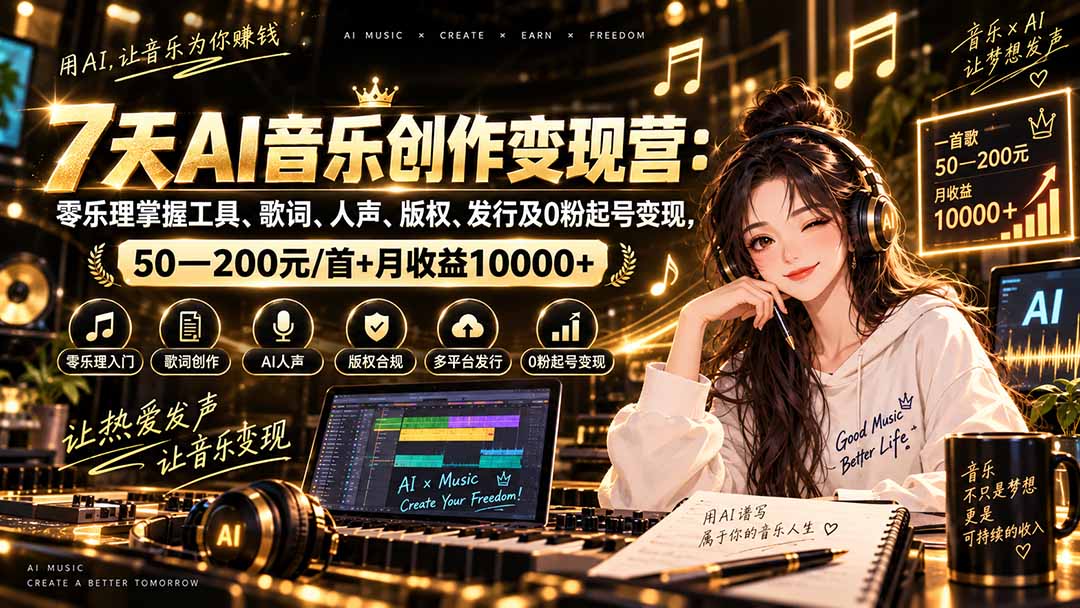 AI音乐创作变现营：零乐理掌握工具、歌词、人声、版权、发行及0粉起号变现，50—200元/首+月收益10000+-保成圈-山云人力,分享创业咨询_最新网络项目资源