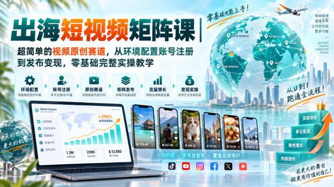 出海短视频矩阵课｜超简单的视频原创赛道，从环境配置账号注册到发布变现，零基础完整实操教学-保成圈-山云人力,分享创业咨询_最新网络项目资源