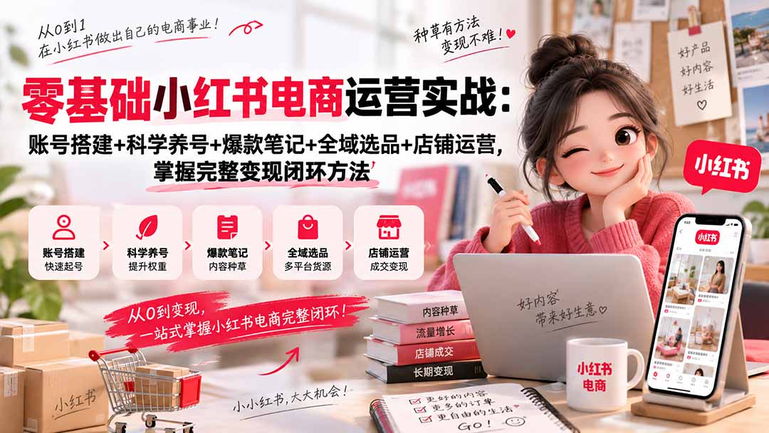 零基础小红书电商运营实战：账号搭建+科学养号+爆款笔记+全域选品+店铺运营，掌握完整变现闭环方法-保成圈-山云人力,分享创业咨询_最新网络项目资源