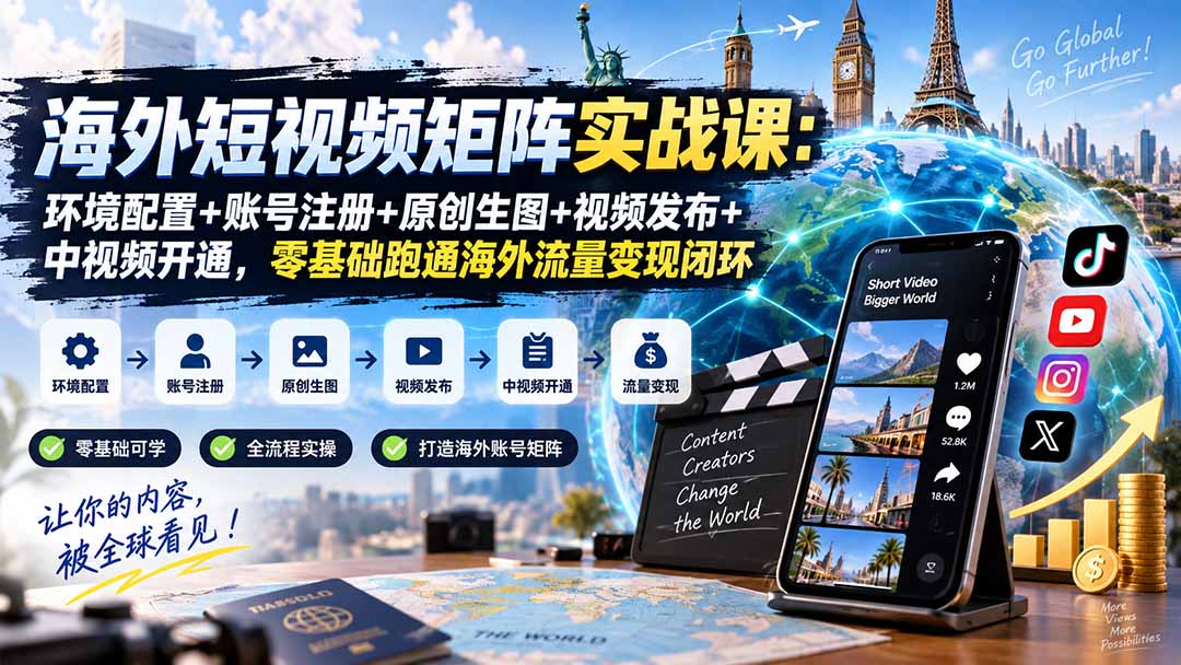 海外短视频矩阵实战课：环境配置+账号注册+原创生图+视频发布+中视频开通，零基础跑通海外流量变现闭环-保成圈-山云人力,分享创业咨询_最新网络项目资源
