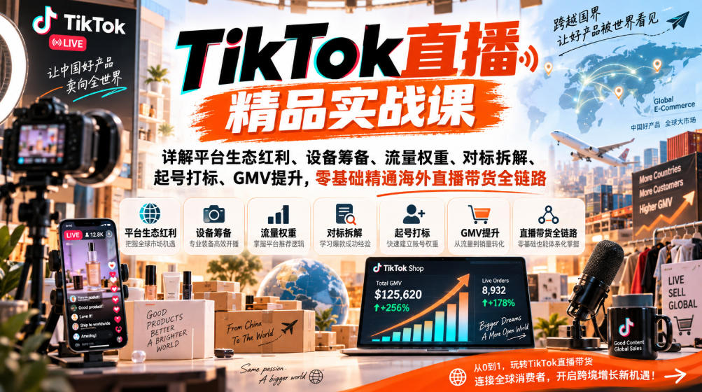 TikTok直播精品实战课，详解平台生态红利、设备筹备、流量权重、对标拆解、起号打标、GMV提升，零基础精通海外直播带货全链路-保成圈-山云人力,分享创业咨询_最新网络项目资源