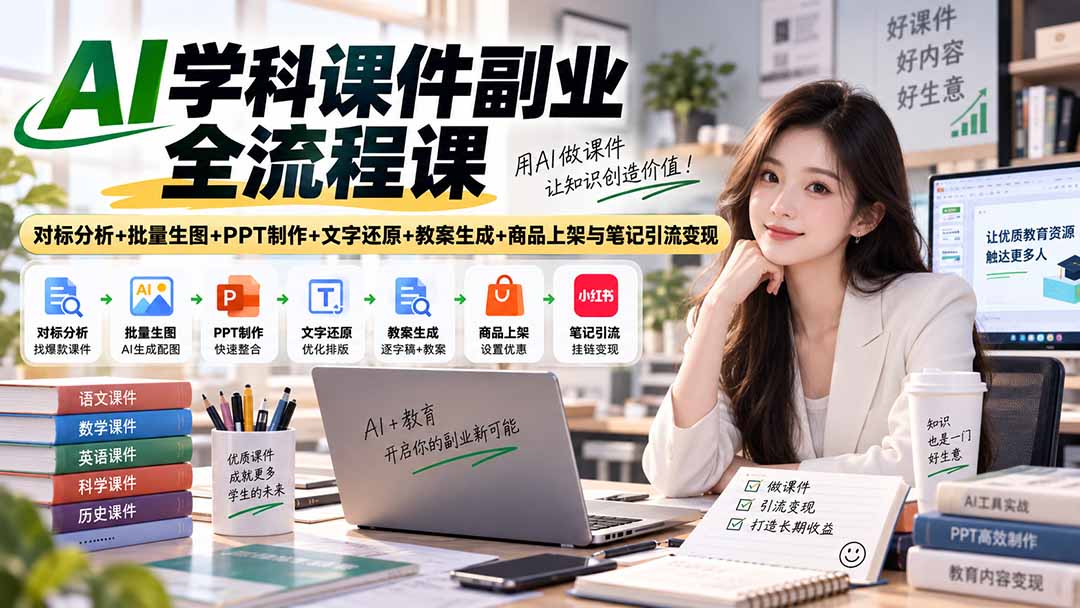 AI学科课件副业全流程课｜对标分析+批量生图+PPT制作+文字还原+教案生成+商品上架与笔记引流变现-保成圈-山云人力,分享创业咨询_最新网络项目资源
