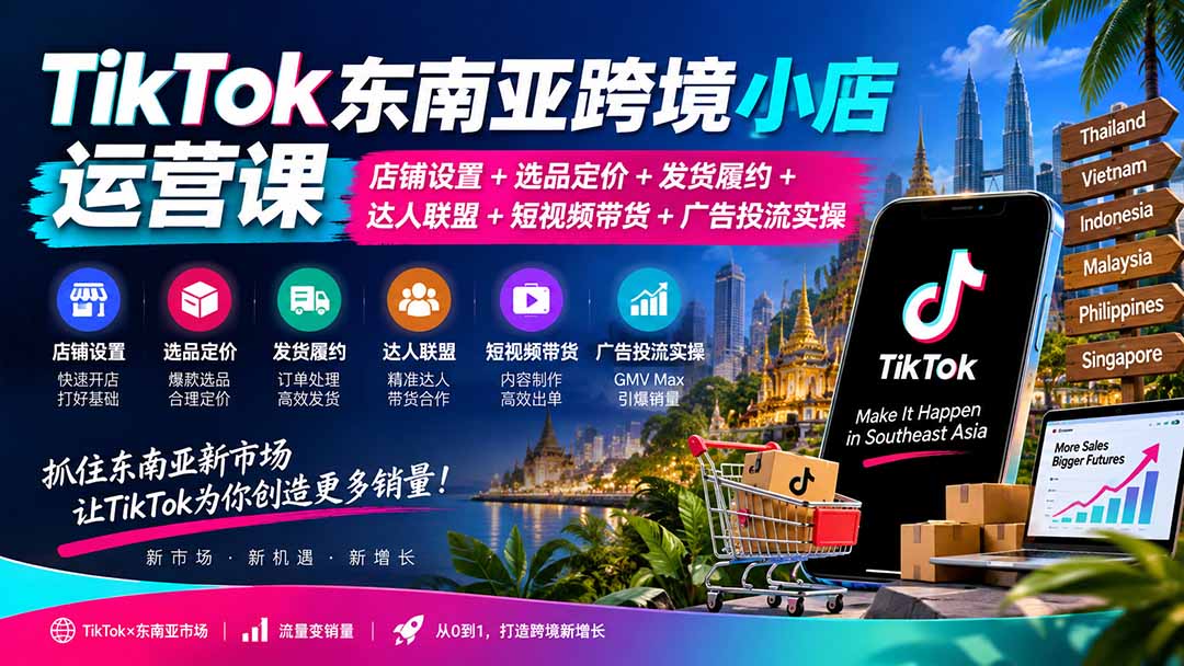 TikTok东南亚跨境小店运营课：店铺设置+选品定价+发货履约+达人联盟+短视频带货+广告投流实操-保成圈-山云人力,分享创业咨询_最新网络项目资源