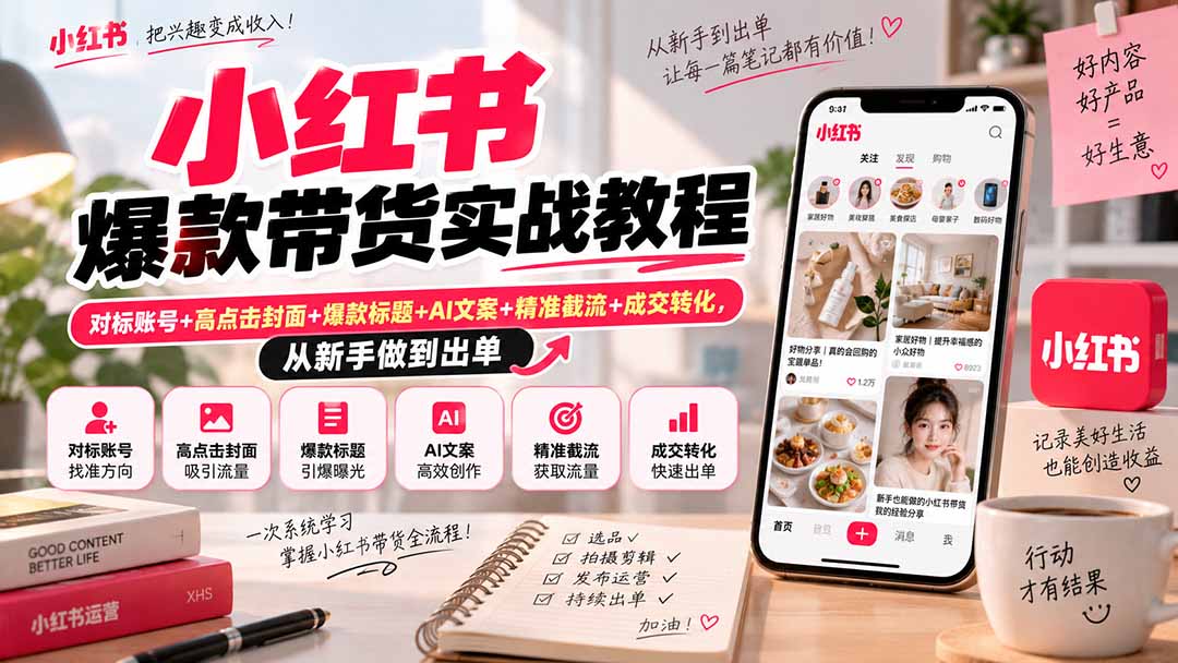 小红书爆款带货实战教程｜对标账号+高点击封面+爆款标题+AI文案+精准截流+成交转化，从新手做到出单-保成圈-山云人力,分享创业咨询_最新网络项目资源