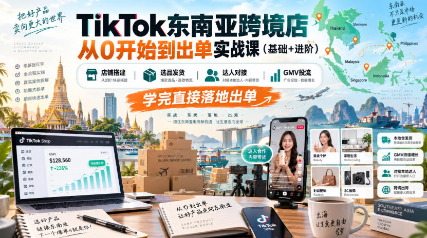 TikTok东南亚跨境店从0开始到出单实战课(基础+进阶)，店铺搭建、选品发货、达人对接、GMV投流，学完直接落地出单-保成圈-山云人力,分享创业咨询_最新网络项目资源