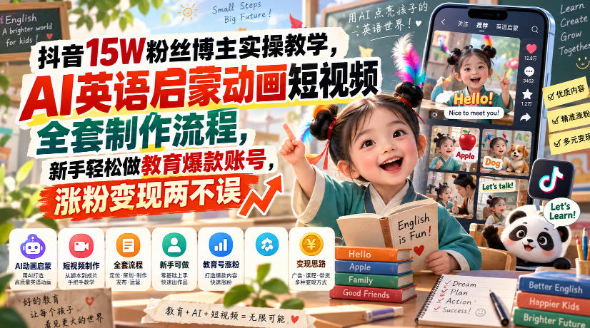 抖音15W粉丝博主实操教学，AI英语启蒙动画短视频全套制作流程，新手轻松做教育爆款账号，涨粉变现两不误-保成圈-山云人力,分享创业咨询_最新网络项目资源