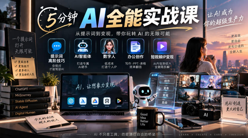 5分钟AI全能实战课｜提示词高阶技巧+AI智能体+数字人+办公创作+短视频IP变现全教程-保成圈-山云人力,分享创业咨询_最新网络项目资源