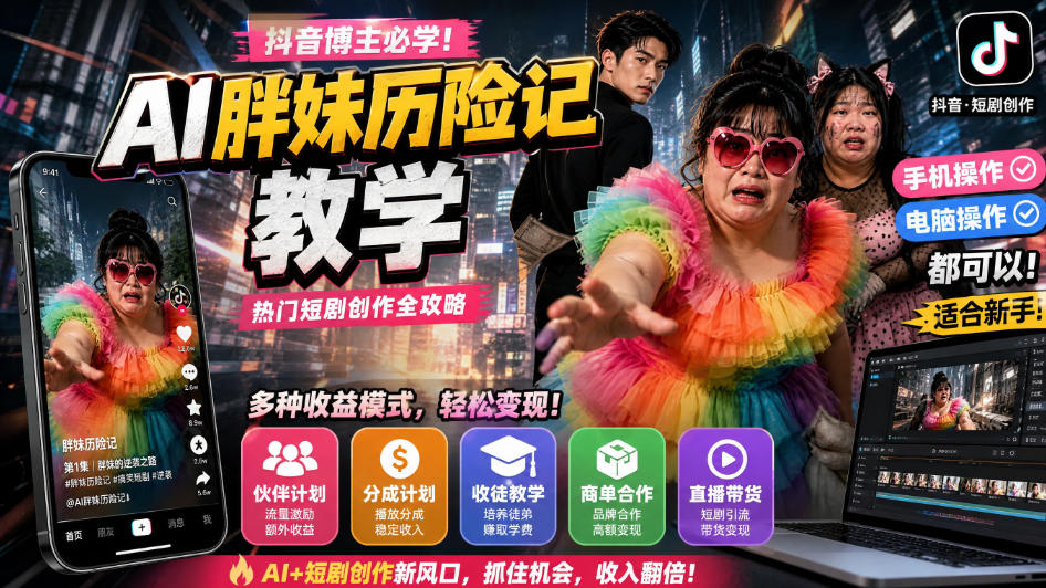抖音博主的AI胖妹历险记教学，伙伴计划+分成计划+收徒+商单等多种收益，适合新手，手机电脑都可以操作-保成圈-山云人力,分享创业咨询_最新网络项目资源
