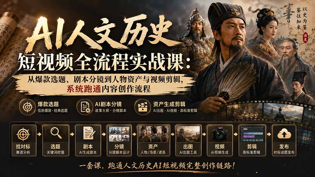 AI人文历史短视频全流程实战课-更新：从爆款选题、剧本分镜到人物资产与视频剪辑，系统跑通内容创作流程-保成圈-山云人力,分享创业咨询_最新网络项目资源