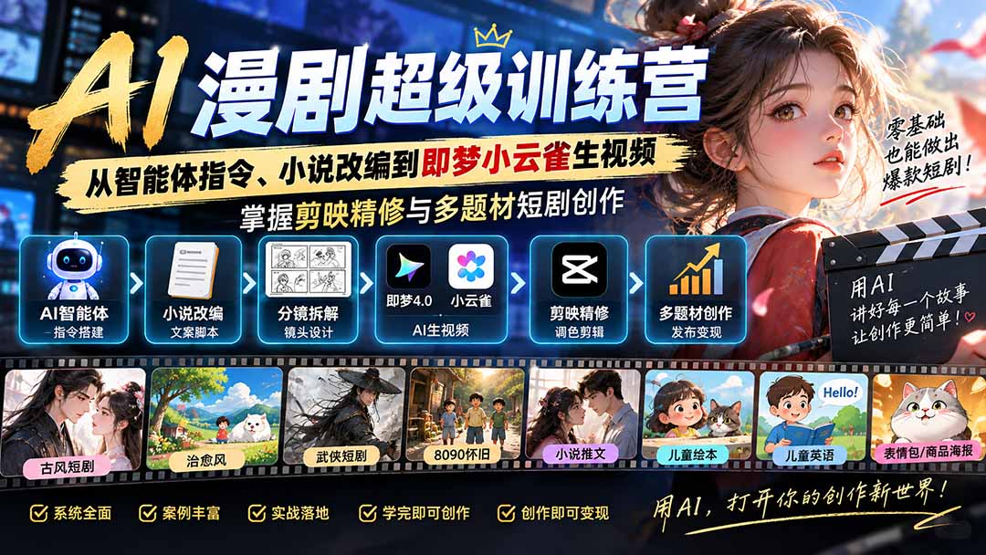 AI漫剧超级特训营：从智能体指令、小说改编到即梦小云雀生视频，掌握剪映精修与多题材短剧创作-保成圈-山云人力,分享创业咨询_最新网络项目资源