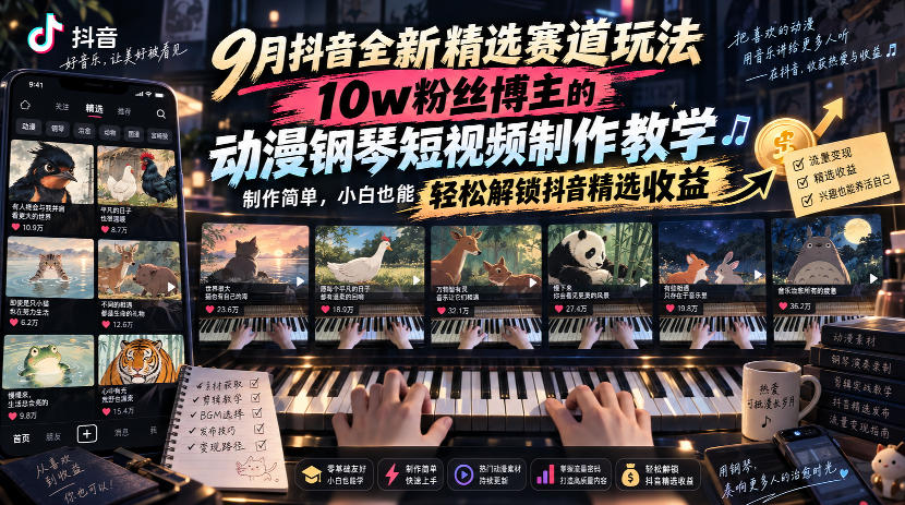9月抖音全新精选赛道玩法，10w粉丝博主的动漫钢琴短视频制作教学，制作简单，小白也能轻松解锁抖音精选收益-保成圈-山云人力,分享创业咨询_最新网络项目资源