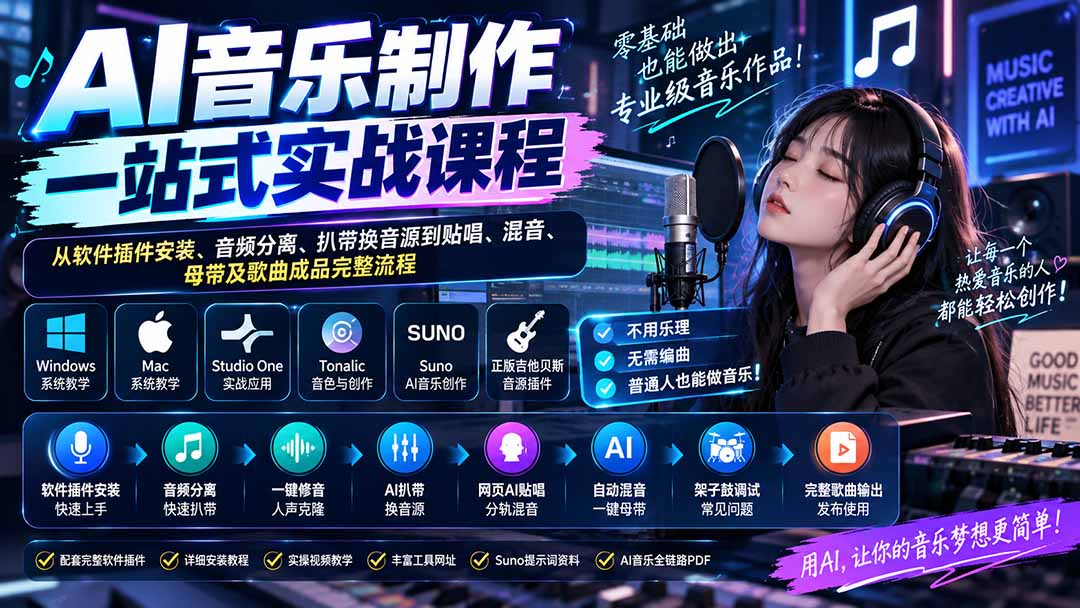 AI音乐制作一站式实战课程：从软件插件安装、音频分离、扒带换音源到贴唱、混音、母带及歌曲成品完整流程-保成圈-山云人力,分享创业咨询_最新网络项目资源