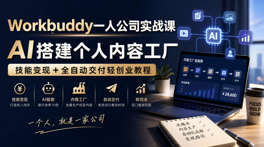 Workbuddy一人公司实战课，AI搭建个人内容工厂，技能变现+全自动交付轻创业教程​-保成圈-山云人力,分享创业咨询_最新网络项目资源