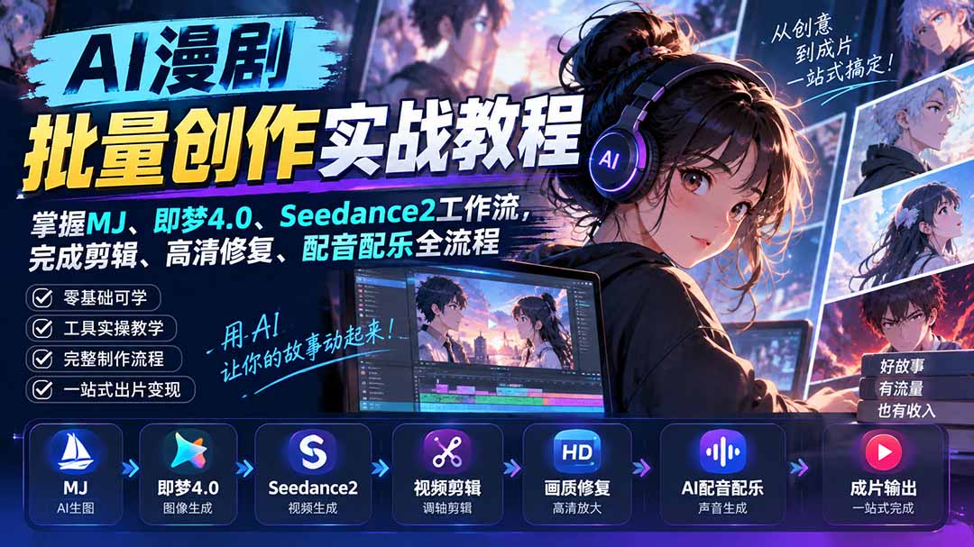 AI漫剧批量创作实战教程：掌握MJ、即梦4.0、Seedance2工作流，完成剪辑、高清修复、配音配乐全流程-保成圈-山云人力,分享创业咨询_最新网络项目资源
