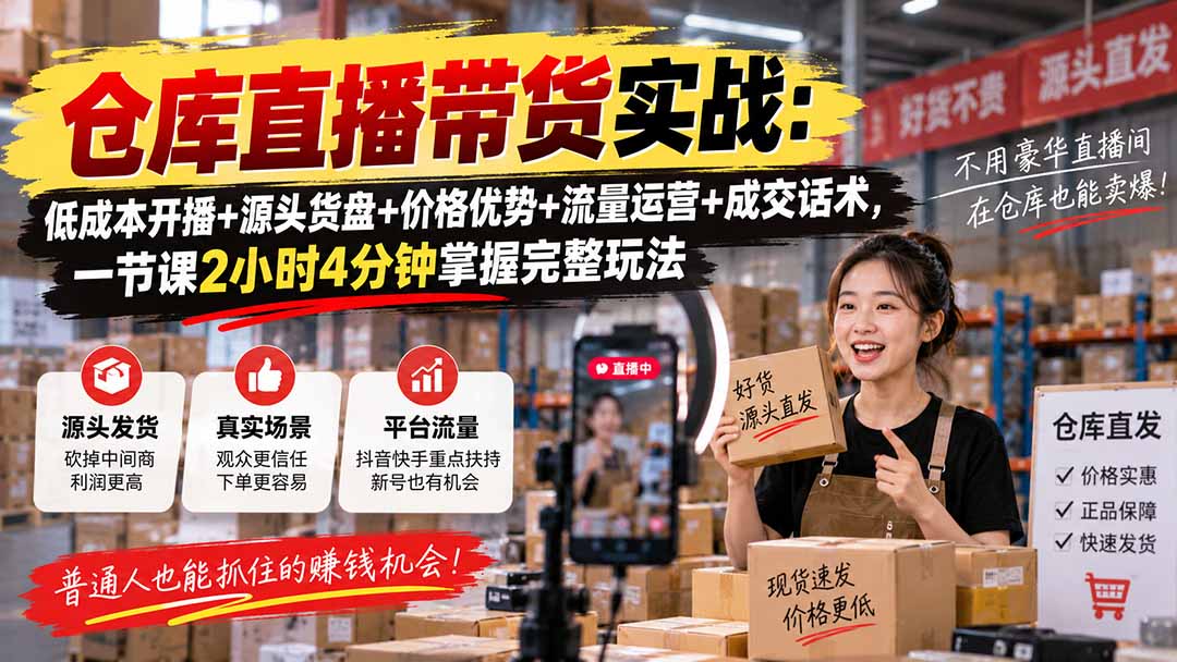 仓库直播带货实战：低成本开播+源头货盘+价格优势+流量运营+成交话术，一节课2小时4分钟掌握完整玩法-保成圈-山云人力,分享创业咨询_最新网络项目资源