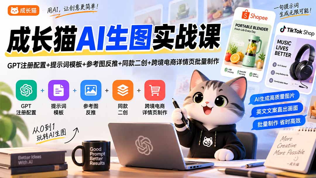 成长猫AI生图实战课｜GPT注册配置+提示词模板+参考图反推+同款二创+跨境电商详情页批量制作-保成圈-山云人力,分享创业咨询_最新网络项目资源