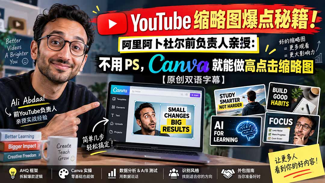 YouTube 缩略图爆点秘籍！阿里阿卜杜尔前负责人亲授：不用 PS，Canva 就能做高点击缩略图【原创双语字幕】-保成圈-山云人力,分享创业咨询_最新网络项目资源