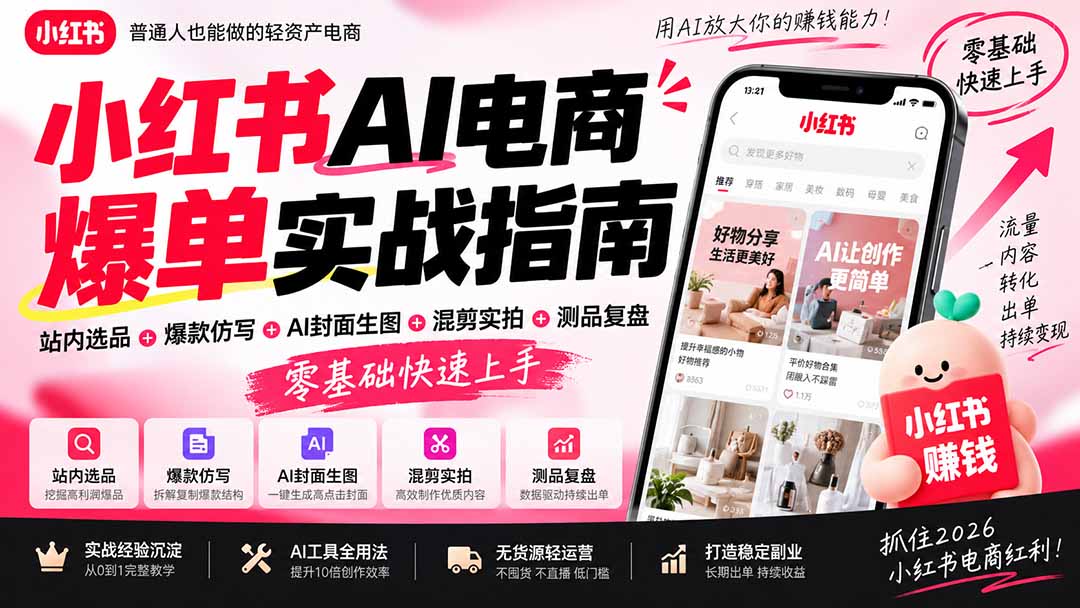 2026小红书AI电商爆单实战指南：站内选品+爆款仿写+AI封面生图+混剪实拍+测品复盘，零基础快速上手-保成圈-山云人力,分享创业咨询_最新网络项目资源