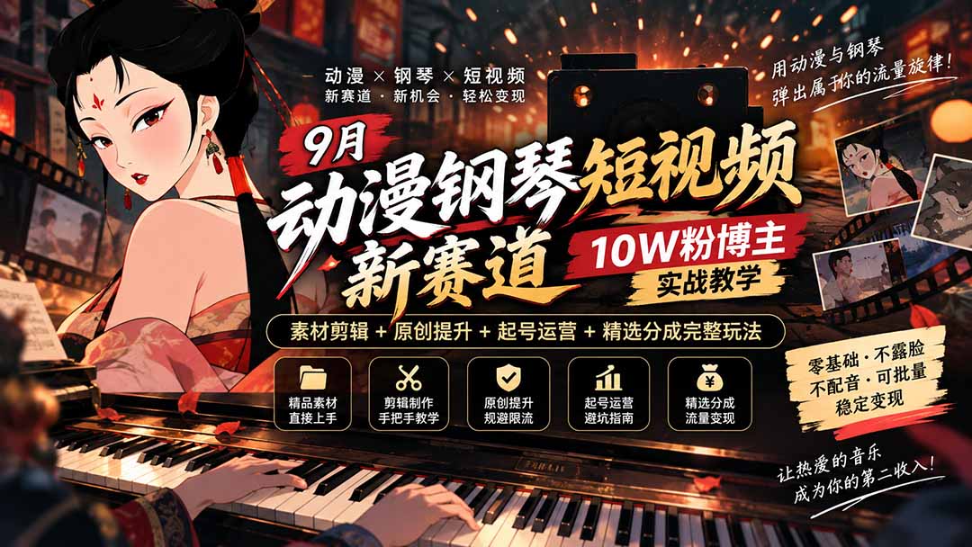 9月动漫钢琴短视频新赛道｜10W粉博主实战教学，素材剪辑+原创提升+起号运营+精选分成完整玩法-保成圈-山云人力,分享创业咨询_最新网络项目资源