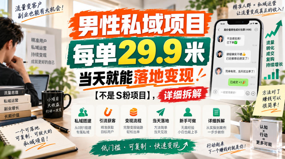男性私域项目，每单29.9米，当天就能落地变现【不是S粉项目】，详细拆解-保成圈-山云人力,分享创业咨询_最新网络项目资源