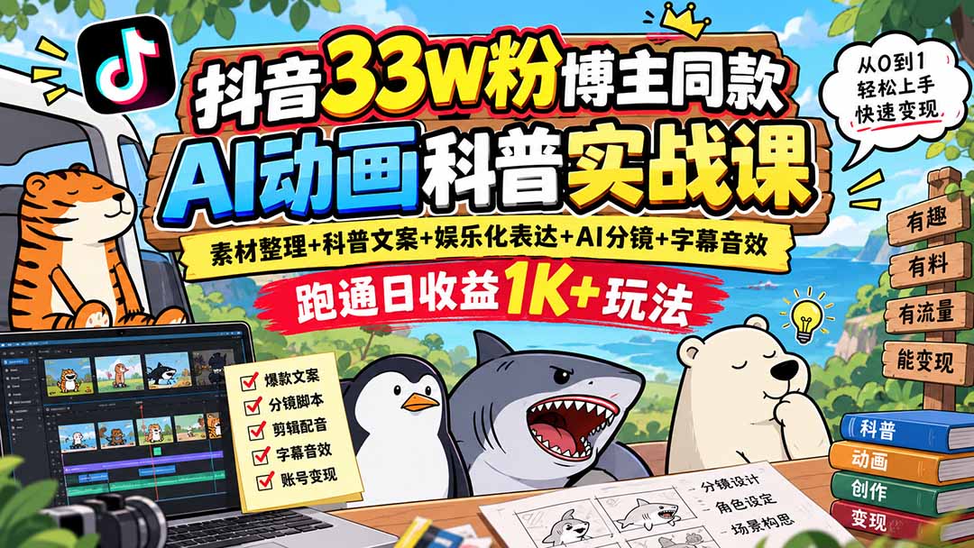 抖音33W粉博主同款AI动画科普实战课｜素材整理+科普文案+娱乐化表达+AI分镜+字幕音效，跑通日收益1K+玩法-保成圈-山云人力,分享创业咨询_最新网络项目资源