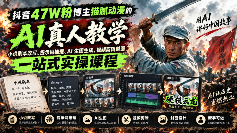 抖音47W粉博主猫腻动漫的AI真人漫剧教学，小说剧本改写、提示词推理、AI生图生成、视频剪辑封面一站式实操课程-保成圈-山云人力,分享创业咨询_最新网络项目资源
