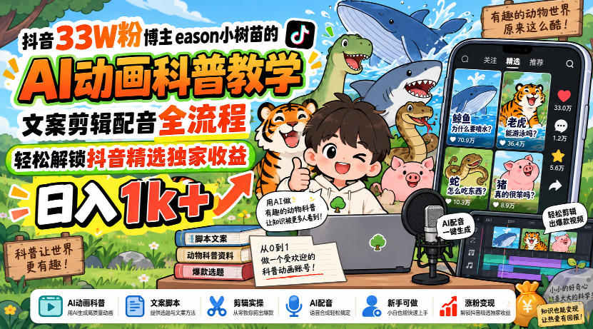 抖音33W粉博主eason小树苗的AI动画科普教学，文案剪辑配音全流程，轻松解锁抖音精选独家收益，日入1k+-保成圈-山云人力,分享创业咨询_最新网络项目资源
