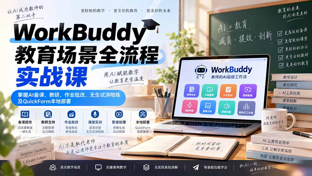 WorkBuddy教育场景全流程实战课：掌握AI备课、教研、作业批改、无生试讲陪练及QuickForm本地部署-保成圈-山云人力,分享创业咨询_最新网络项目资源