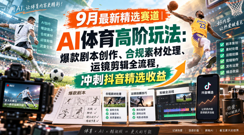 某大佬的9月最新精选赛道之AI体育顶级玩法，爆款剧本创作、版权规避、运镜剪辑全流程，稳拿抖音精选收益-保成圈-山云人力,分享创业咨询_最新网络项目资源