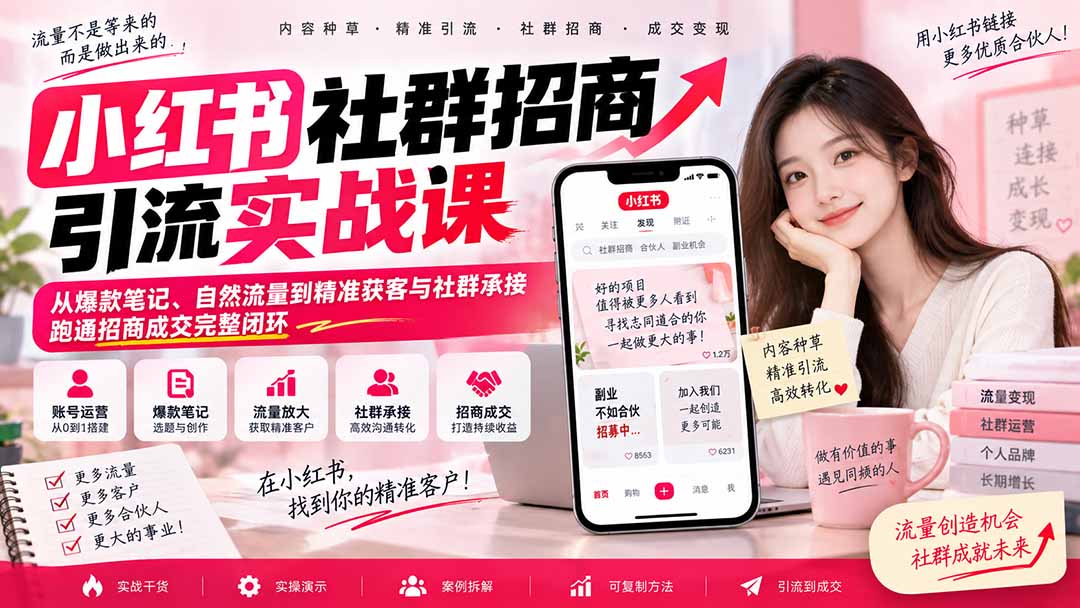 小红书社群招商引流实战课-无水印：从爆款笔记、自然流量到精准获客与社群承接，跑通招商成交完整闭环-保成圈-山云人力,分享创业咨询_最新网络项目资源