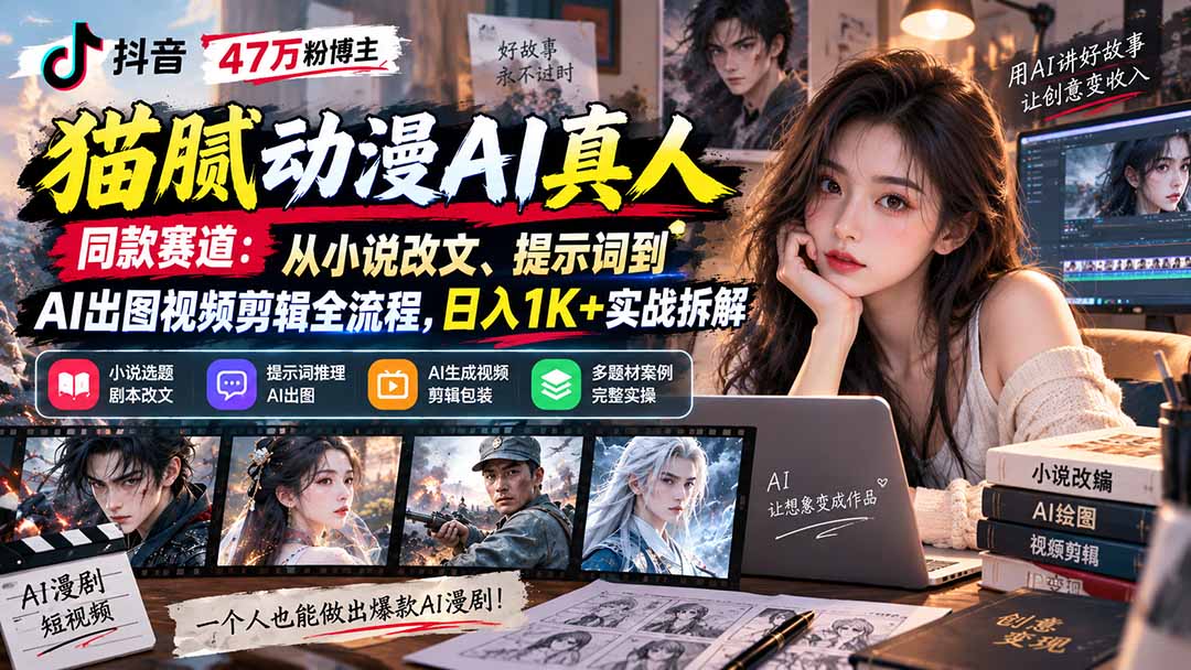 抖音47万粉博主猫腻动漫AI真人同款赛道：从小说改文、提示词到AI出图视频剪辑全流程，日入1K+实战拆解-保成圈-山云人力,分享创业咨询_最新网络项目资源