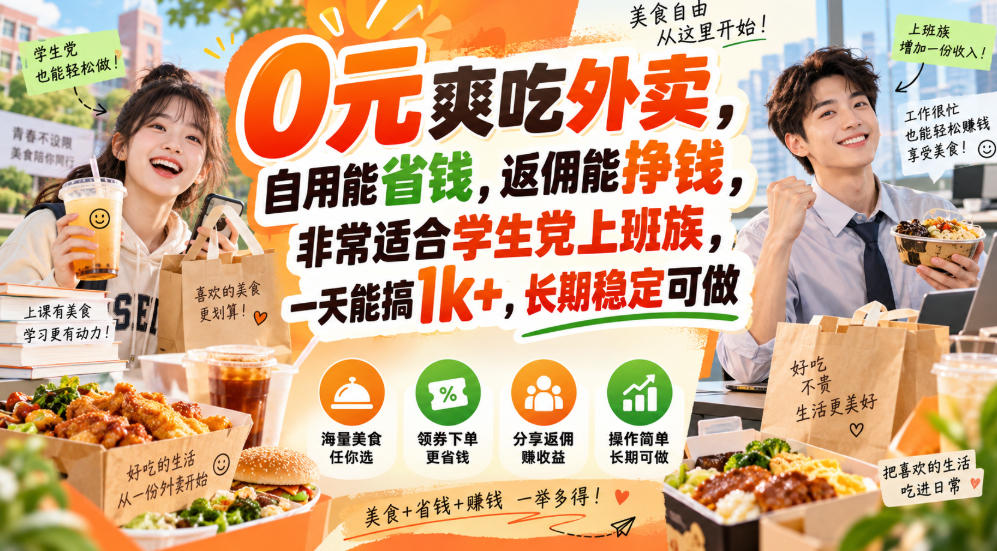 0元爽吃外卖，自用能省钱，返佣能挣钱，非常适合学生党上班族，一天能搞1k+，长期稳定可做-保成圈-山云人力,分享创业咨询_最新网络项目资源