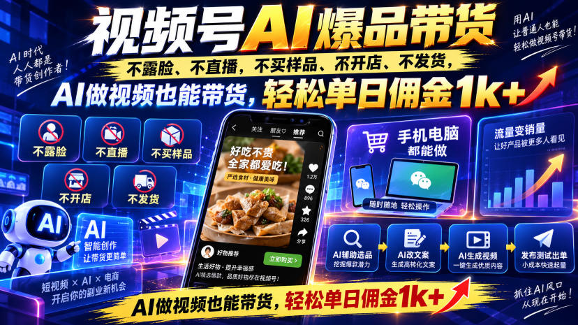 视频号Ai爆品带货，不露脸、不直播、不买样品、不开店、不发货，AI做视频也能带货，轻松单日佣金1k+-保成圈-山云人力,分享创业咨询_最新网络项目资源