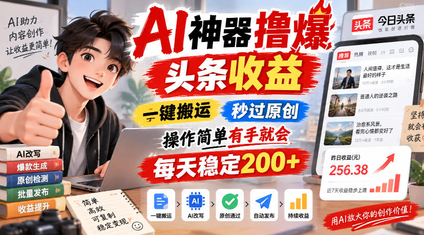 AI神器撸爆头条收益，一键搬运，秒过原创，操作简单有手就会，每天稳定200+【揭秘】-保成圈-山云人力,分享创业咨询_最新网络项目资源