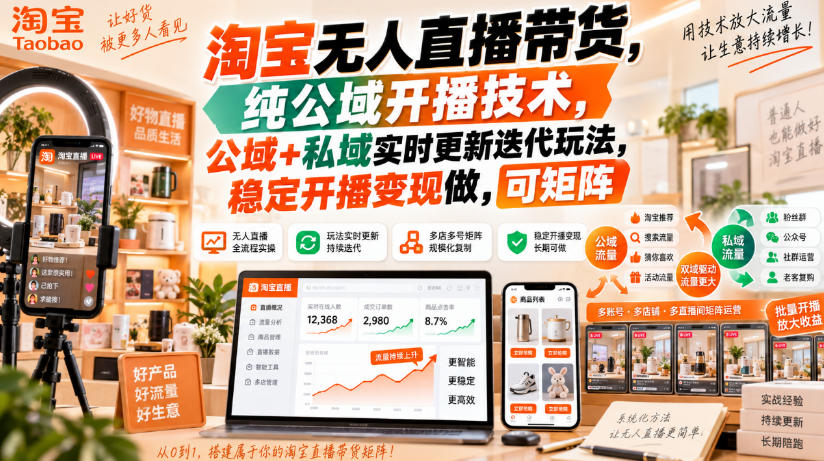 淘宝无人直播带货，纯公域开播技术，公域+私域实时更新迭代玩法，稳定开播变现做，可矩阵【揭秘】-保成圈-山云人力,分享创业咨询_最新网络项目资源