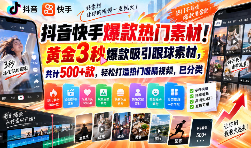 抖音快手爆款热门素材！黄金3秒爆款吸引眼球素材，共计500+款，轻松打造热门吸睛视频，已分类-保成圈-山云人力,分享创业咨询_最新网络项目资源