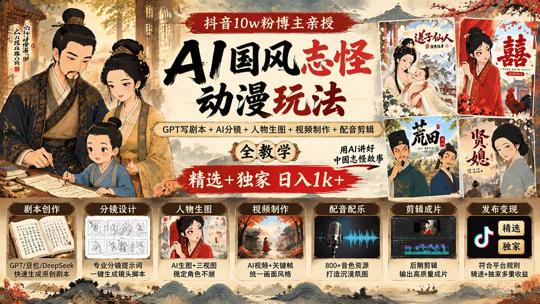抖音10w粉博主亲授AI国风志怪动漫玩法｜GPT写剧本+AI分镜+人物生图+视频制作+配音剪辑全教学｜精选+独家日入1k+-保成圈-山云人力,分享创业咨询_最新网络项目资源