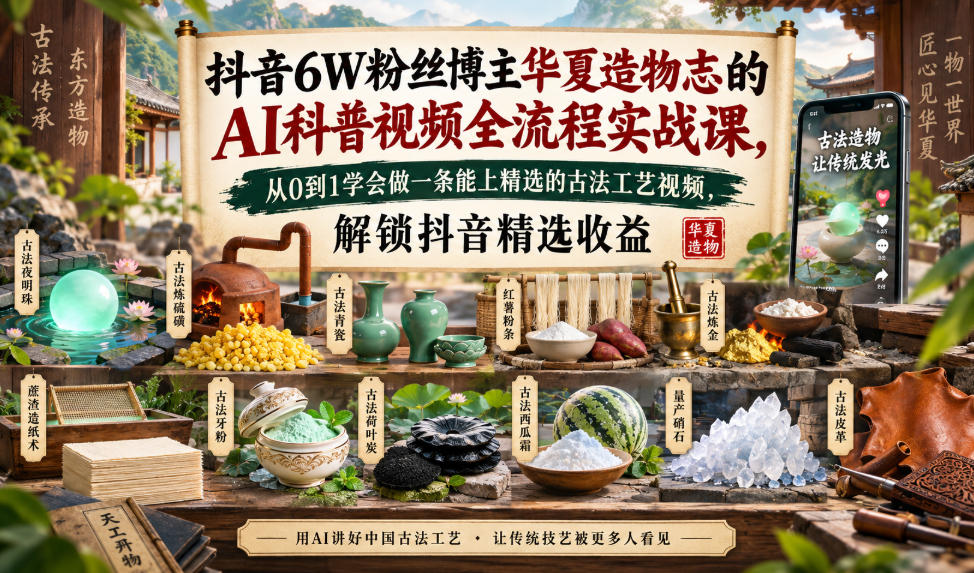 抖音6W粉丝博主华夏造物志的AI科普视频全流程实战课，从0到1学会做一条能上精选的古法工艺视频，解锁抖音精选收益-保成圈-山云人力,分享创业咨询_最新网络项目资源