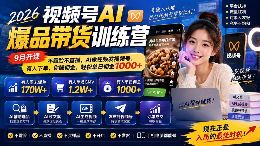 2026视频号AI爆品带货训练营-9月开课｜不露脸不直播，AI做视频发视频号，有人下单，你赚佣金，轻松单日佣金1000+-保成圈-山云人力,分享创业咨询_最新网络项目资源