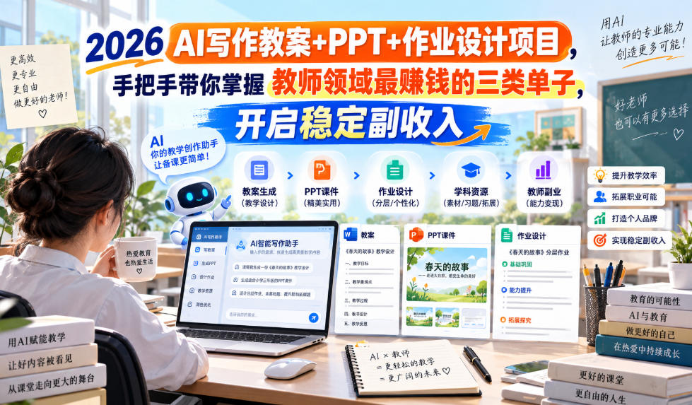 2026 AI写作教案+PPT+作业设计项目，手把手带你掌握教师领域最賺钱的三类单子，开启稳定副收入-保成圈-山云人力,分享创业咨询_最新网络项目资源