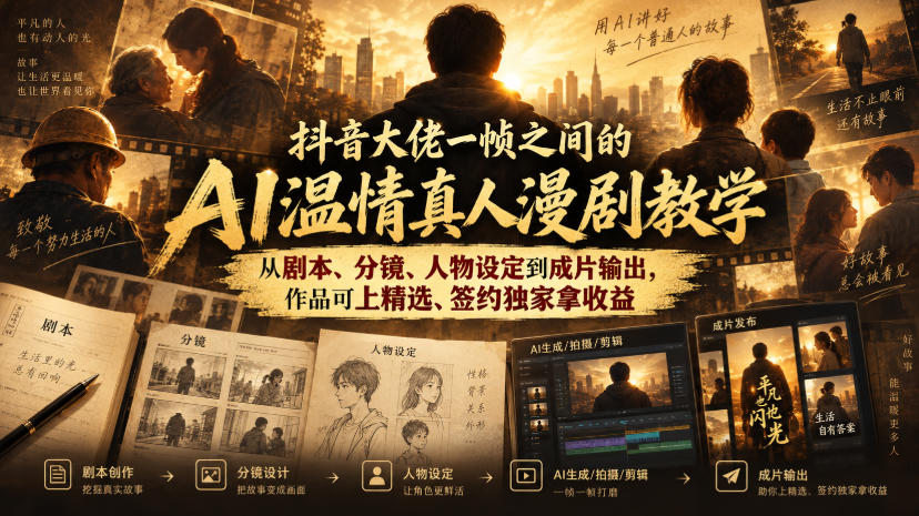 抖音大佬一帧之间的AI温情真人漫剧教学，从剧本、分镜、人物设定到成片输出，作品可上精选、签约独家拿收益-保成圈-山云人力,分享创业咨询_最新网络项目资源