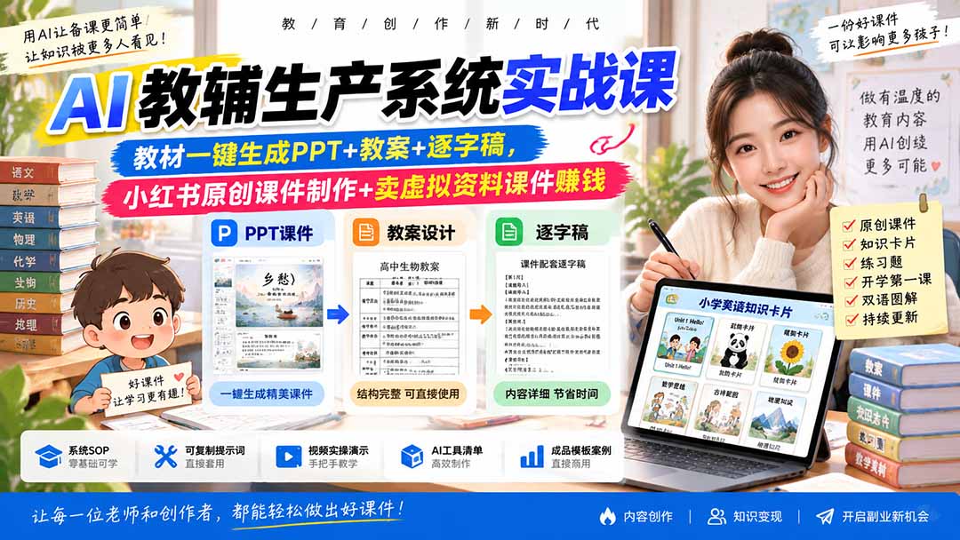 AI教辅生产系统实战课｜教材一键生成PPT+教案+逐字稿，小红书原创课件制作+卖虚拟资料课件赚钱-保成圈-山云人力,分享创业咨询_最新网络项目资源