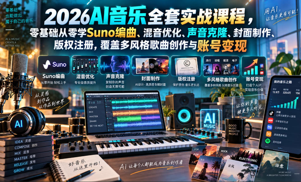 2026AI音乐实战课程，零基础从零学Suno编曲、混音优化、声音克隆、版权注册，覆盖多风格歌曲创作与账号变现-保成圈-山云人力,分享创业咨询_最新网络项目资源