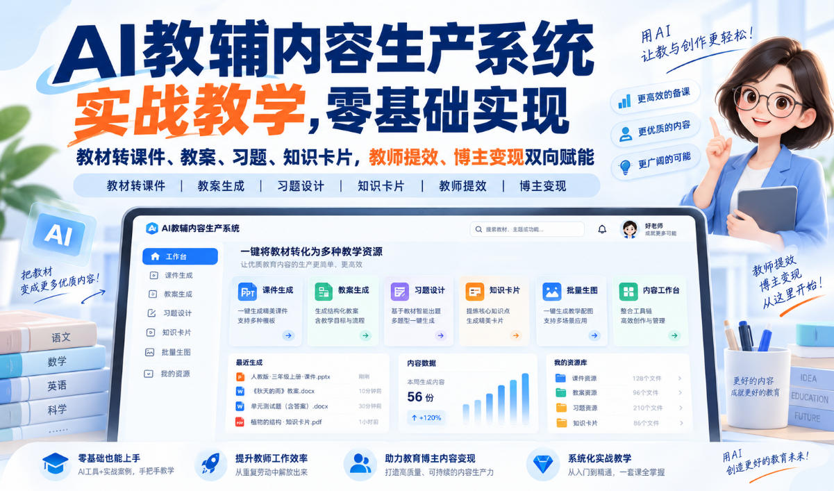 AI教辅内容生产系统实战教学，零基础实现教材转课件、教案、习题、知识卡片，教师提效、博主变现双向赋能-保成圈-山云人力,分享创业咨询_最新网络项目资源