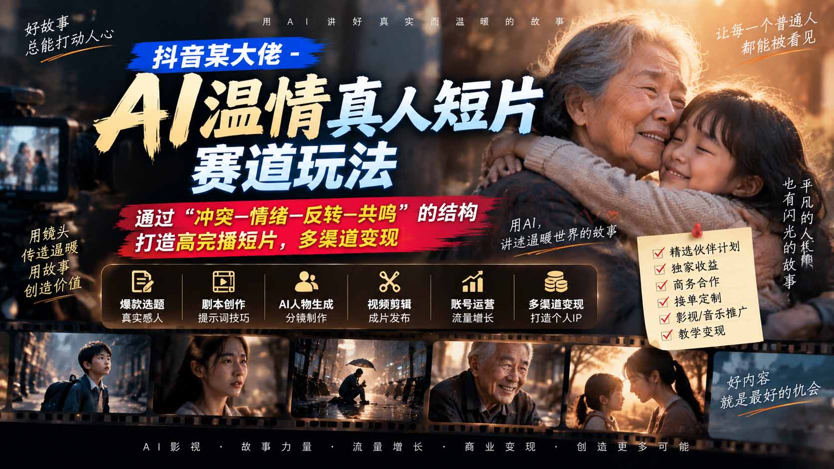 抖音某大佬-AI温情真人短片赛道玩法：通过“冲突—情绪—反转—共鸣”的结构打造高完播短片，多渠道变现-保成圈-山云人力,分享创业咨询_最新网络项目资源