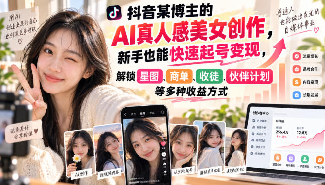 抖音某博主的AI真人感美女创作，新手也能快速起号变现，解锁星图，商单，收徒，伙伴计划等多种收益方式-保成圈-山云人力,分享创业咨询_最新网络项目资源