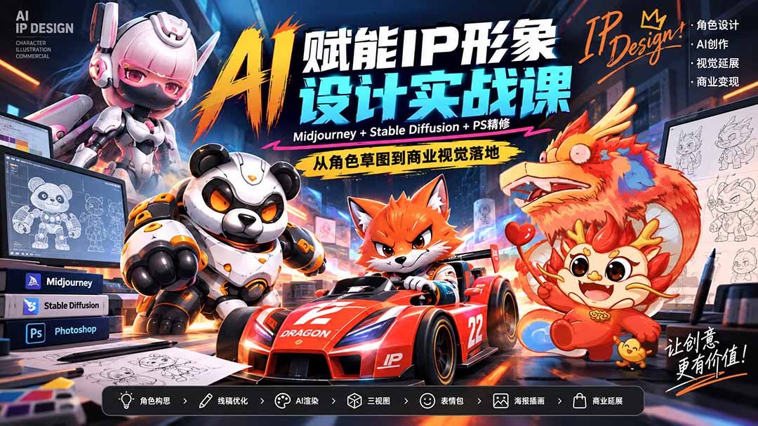 AI赋能IP形象设计实战课-无水印：Midjourney+Stable Diffusion+PS精修，从角色草图到商业视觉落地-保成圈-山云人力,分享创业咨询_最新网络项目资源