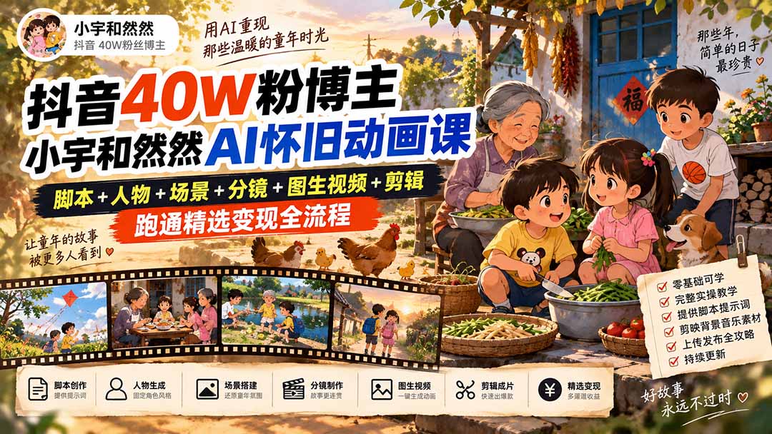 抖音40W粉博主小宇和然然AI怀旧动画课｜脚本+人物+场景+分镜+图生视频+剪辑，跑通精选变现全流程-保成圈-山云人力,分享创业咨询_最新网络项目资源