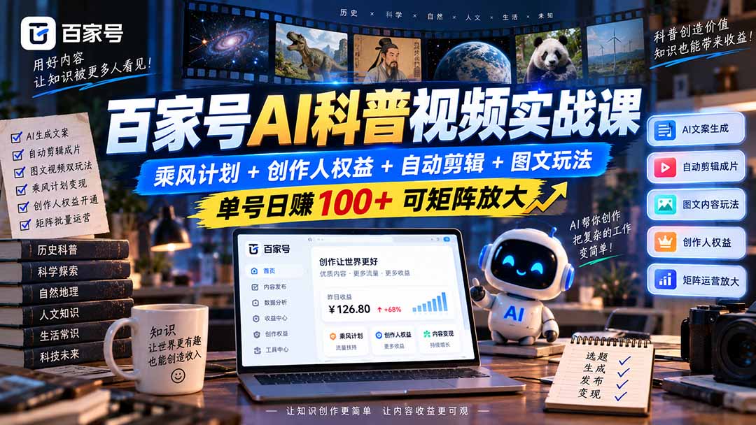百家号AI科普视频实战课：乘风计划+创作人权益+自动剪辑+图文玩法，单号日赚100+可矩阵放大-保成圈-山云人力,分享创业咨询_最新网络项目资源