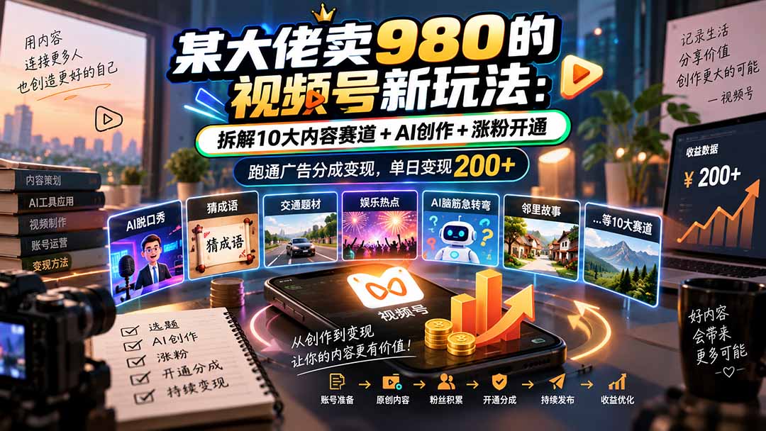 某大佬卖980的视频号新玩法：拆解10大内容赛道+AI创作+涨粉开通，跑通广告分成变现，单日变现200+-保成圈-山云人力,分享创业咨询_最新网络项目资源